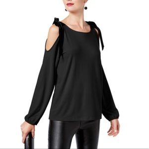 INC Petite Velvet Tie Cold Shoulder Top